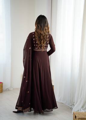 brown georgette embroidered gown with dupatta 3