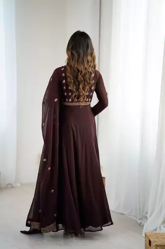 brown georgette embroidered gown with dupatta