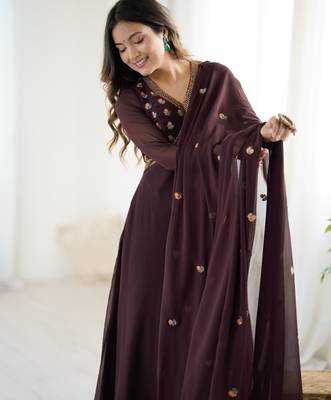 brown georgette embroidered gown with dupatta 4