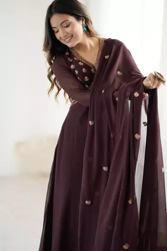 brown georgette embroidered gown with dupatta