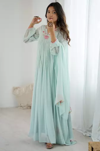 Floral embroidered aqua blue georgette pleated gown with dupatta for festive wear