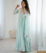 Floral embroidered aqua blue georgette pleated gown with dupatta for festive wear