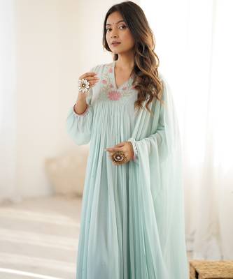 blue floral georgette anarkali with dupatta 4