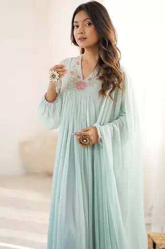 blue floral georgette anarkali with dupatta