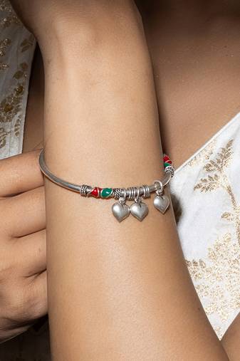 Heart charms silver kada