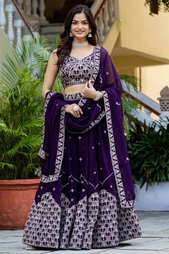 Purple Georgette Zari Sequence Ebroidery Work Semi Sttiched Lehenga Choli For Women