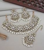 Gold plated traditional kundan & pearl drop choker necklace jewellery & dangle earrings set for women 