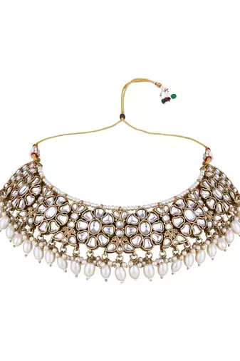 Gold plated traditional kundan & pearl drop choker necklace jewellery & dangle earrings set for women 
