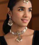 Gold plated traditional kundan & pearl necklace jewellery with earrings & maang tikka set for women 