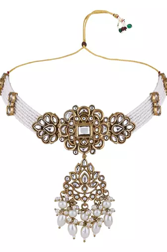 Gold plated traditional kundan & pearl necklace jewellery with earrings & maang tikka set for women 