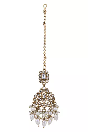 Gold plated traditional kundan & pearl necklace jewellery with earrings & maang tikka set for women 