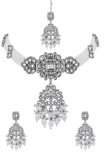 Traditional kundan & pearl necklace jewellery with earrings & maang tikka set for women 