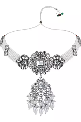 Traditional kundan & pearl necklace jewellery with earrings & maang tikka set for women 
