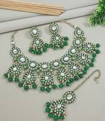 Gold plated traditional kundan & pearl drop bridal necklace with earrings & maang tikka jewellery set for women 