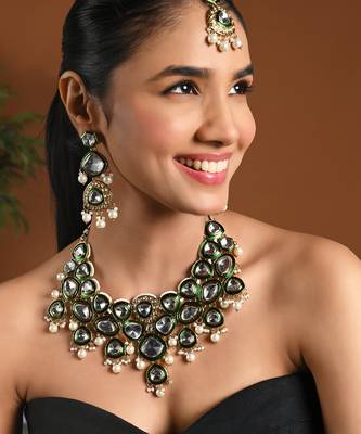 Gold plated traditional kundan & pearl drop bridal necklace with earrings & maang tikka jewellery set for women  1