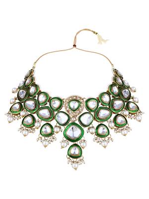 Gold plated traditional kundan & pearl drop bridal necklace with earrings & maang tikka jewellery set for women  3