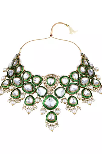 Gold plated traditional kundan & pearl drop bridal necklace with earrings & maang tikka jewellery set for women 