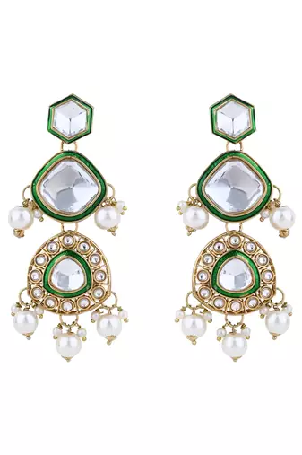 Gold plated traditional kundan & pearl drop bridal necklace with earrings & maang tikka jewellery set for women 