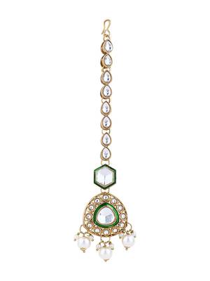Gold plated traditional kundan & pearl drop bridal necklace with earrings & maang tikka jewellery set for women  5