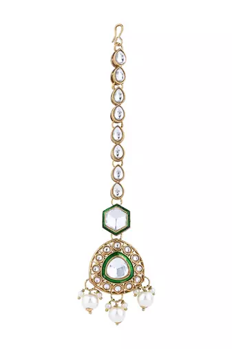 Gold plated traditional kundan & pearl drop bridal necklace with earrings & maang tikka jewellery set for women 