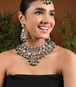 Gold plated traditional kundan & pearl drop bridal necklace with earrings & maang tikka jewellery set for women (k7295g)