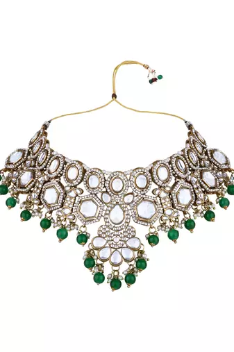 Gold plated traditional kundan & pearl drop bridal necklace with earrings & maang tikka jewellery set for women (k7295g)