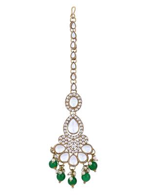 Gold plated traditional kundan & pearl drop bridal necklace with earrings & maang tikka jewellery set for women (k7295g) 5