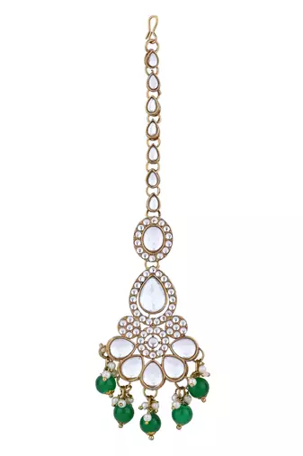 Gold plated traditional kundan & pearl drop bridal necklace with earrings & maang tikka jewellery set for women (k7295g)