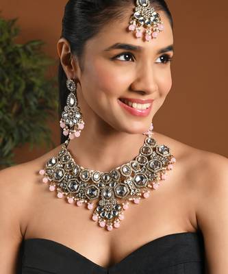 Gold plated traditional kundan & pearl drop bridal necklace with earrings & maang tikka jewellery set for women  1