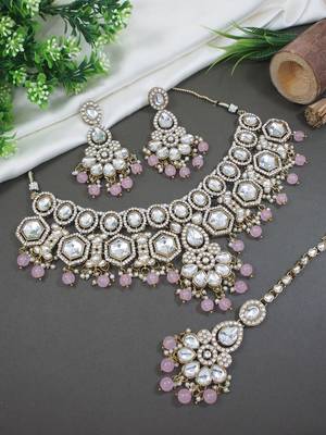 Gold plated traditional kundan & pearl drop bridal necklace with earrings & maang tikka jewellery set for women  2