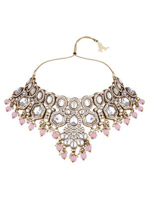 Gold plated traditional kundan & pearl drop bridal necklace with earrings & maang tikka jewellery set for women  3