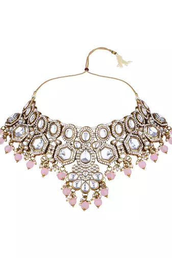 Gold plated traditional kundan & pearl drop bridal necklace with earrings & maang tikka jewellery set for women 