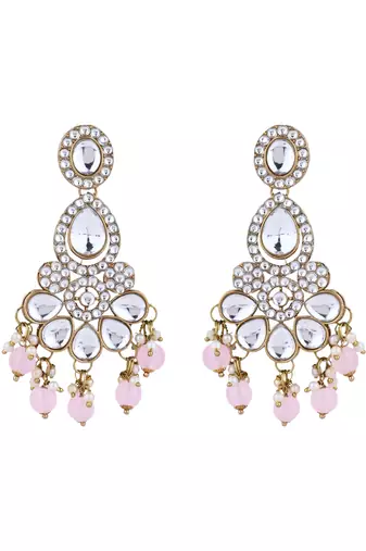 Gold plated traditional kundan & pearl drop bridal necklace with earrings & maang tikka jewellery set for women 