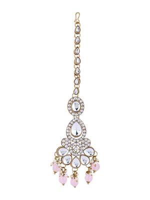 Gold plated traditional kundan & pearl drop bridal necklace with earrings & maang tikka jewellery set for women  5