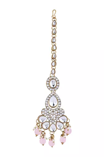 Gold plated traditional kundan & pearl drop bridal necklace with earrings & maang tikka jewellery set for women 
