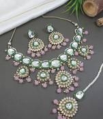 Gold plated traditional kundan & pearl chocker necklace with earrings & maang tikka for women