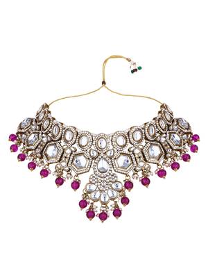 Gold plated traditional kundan & pearl drop bridal necklace with earrings & maang tikka jewellery set for women (wine) 3