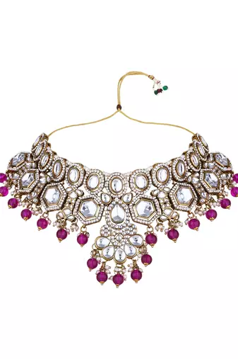 Gold plated traditional kundan & pearl drop bridal necklace with earrings & maang tikka jewellery set for women (wine)