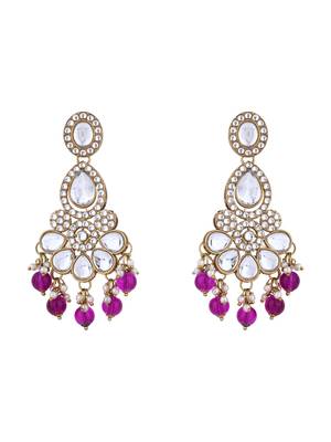 Gold plated traditional kundan & pearl drop bridal necklace with earrings & maang tikka jewellery set for women (wine) 4