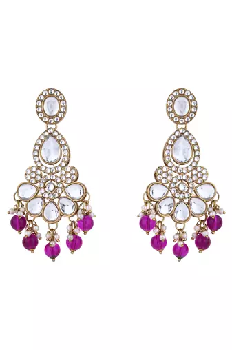 Gold plated traditional kundan & pearl drop bridal necklace with earrings & maang tikka jewellery set for women (wine)