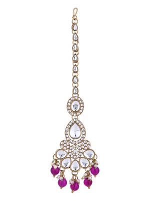 Gold plated traditional kundan & pearl drop bridal necklace with earrings & maang tikka jewellery set for women (wine) 5