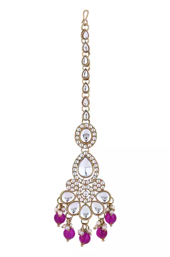 Gold plated traditional kundan & pearl drop bridal necklace with earrings & maang tikka jewellery set for women (wine)