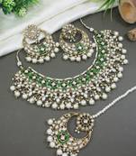 Gold plated traditional kundan & pearl chocker necklace with earrings & maang tikka for women