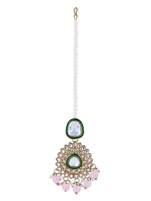 Gold plated traditional kundan & pearl chocker necklace with earrings & maang tikka for women 5