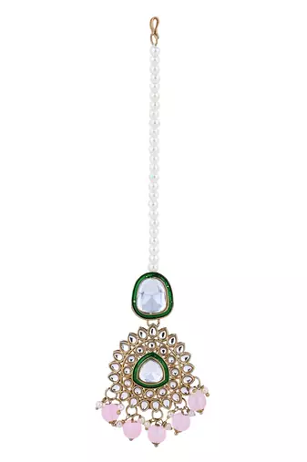 Gold plated traditional kundan & pearl chocker necklace with earrings & maang tikka for women