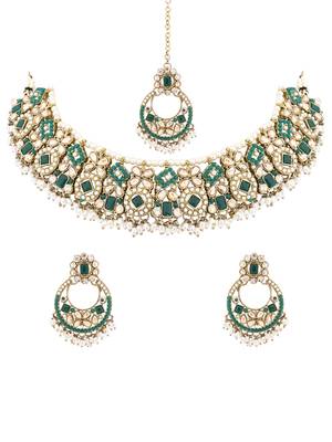 Gold plated traditional floral kundan & pearl choker necklace jewellery earrings & maang tikka set for women  2