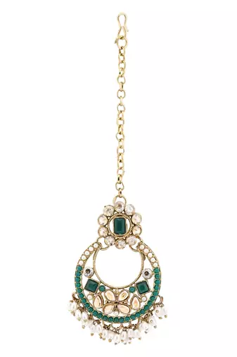 Gold plated traditional floral kundan & pearl choker necklace jewellery earrings & maang tikka set for women 
