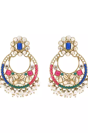 Gold plated traditional floral kundan & pearl choker necklace jewellery earrings & maang tikka set for women 