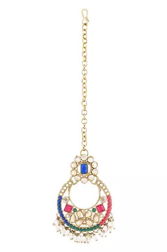 Gold plated traditional floral kundan & pearl choker necklace jewellery earrings & maang tikka set for women 