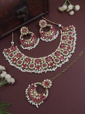 Gold plated traditional floral kundan & pearl choker necklace jewellery earrings & maang tikka set for women  1